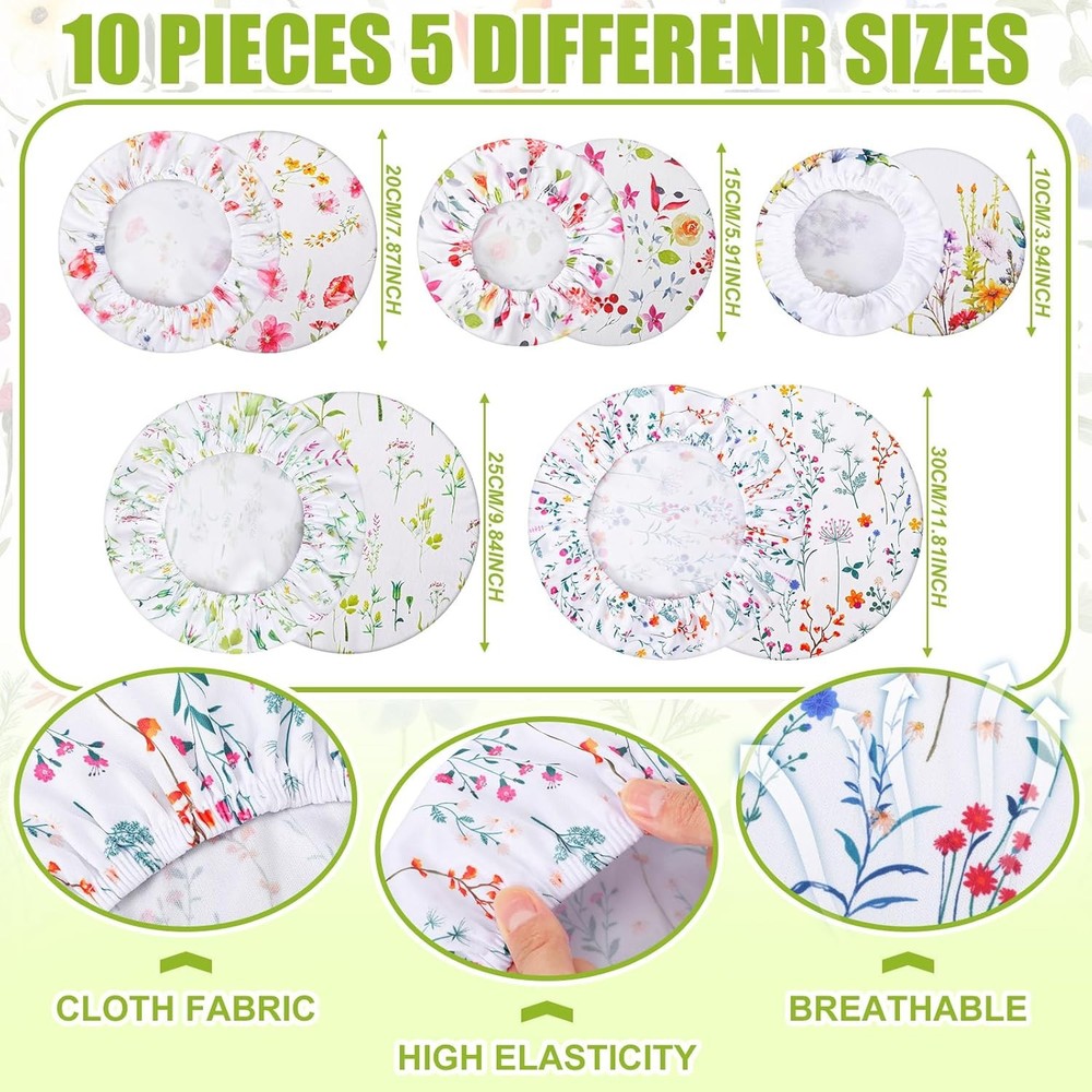 10 Pack Multi-Size Reusable Stretch Fabric Bowl Covers - Elastic Food Storage