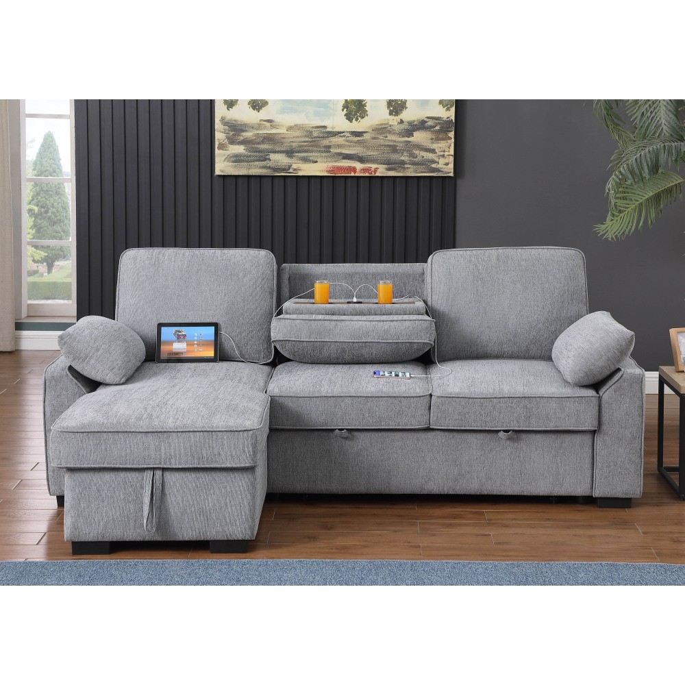 Light Gray 91"W Reversible Sleeper Sectional Chenille Storage Chaise & Table