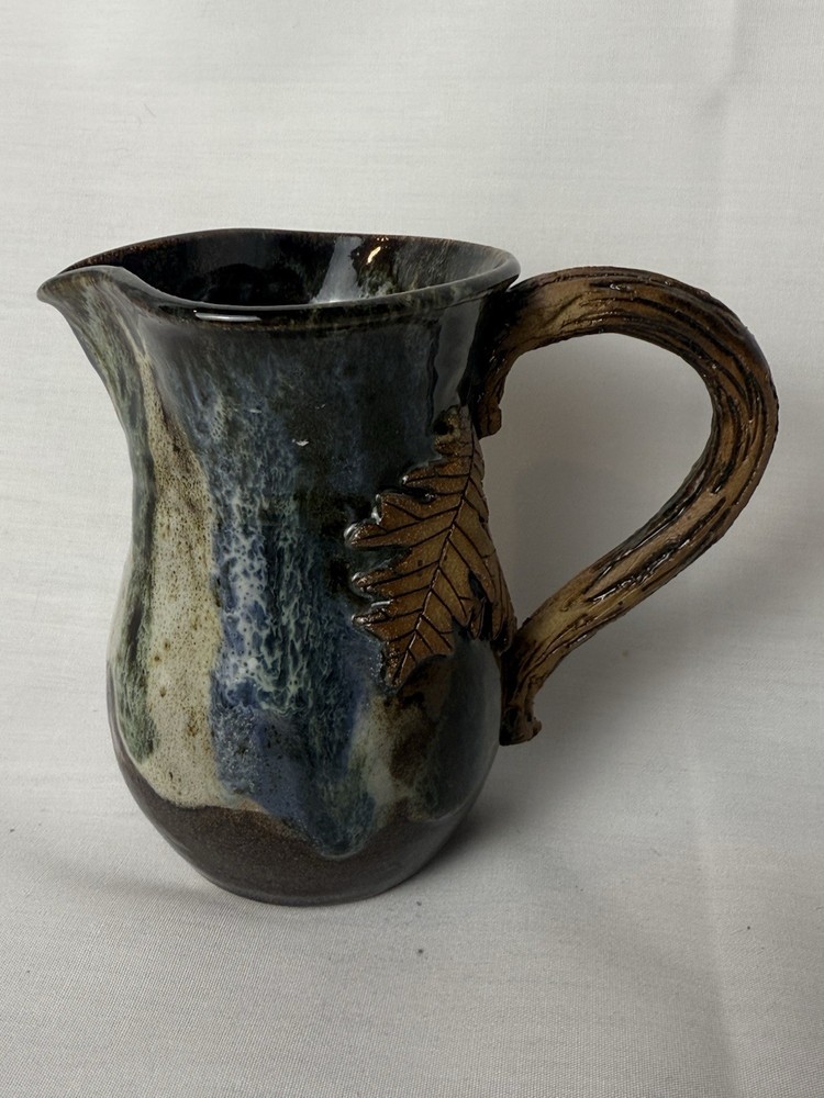Signed Art Pottery Creamer Pitcher Small Handmade Leaf Brown Fall