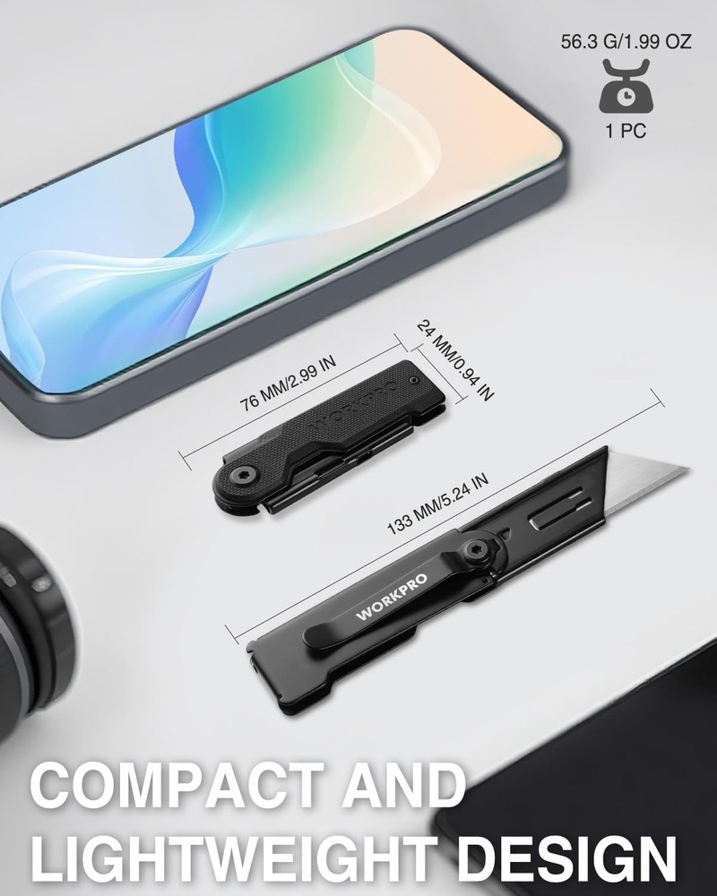 WORKPRO 3-Pack Folding Utility Knife Set, G10 Handle Box Cutter with 10 Extra SK