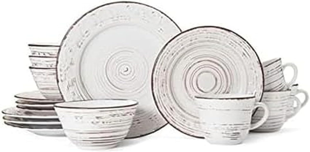 Trellis White 16-Piece Stoneware Dinnerware Set, Service for 4, Distressed White