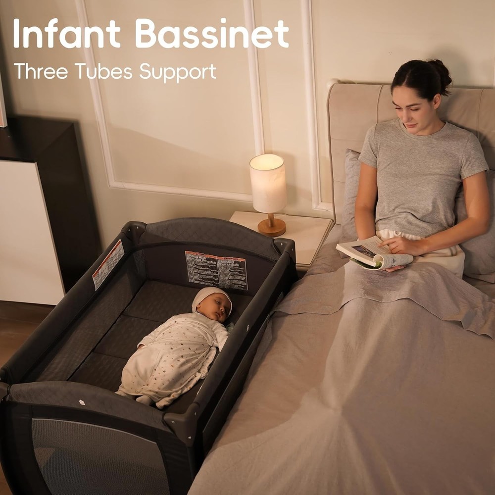 Foldable Playard with Changing Table & Diaper Organizer - For Newborns, Grey