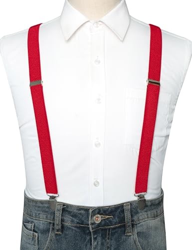 Mens Solid Color Suspender with 3 Cilps Adjustable Braces Red