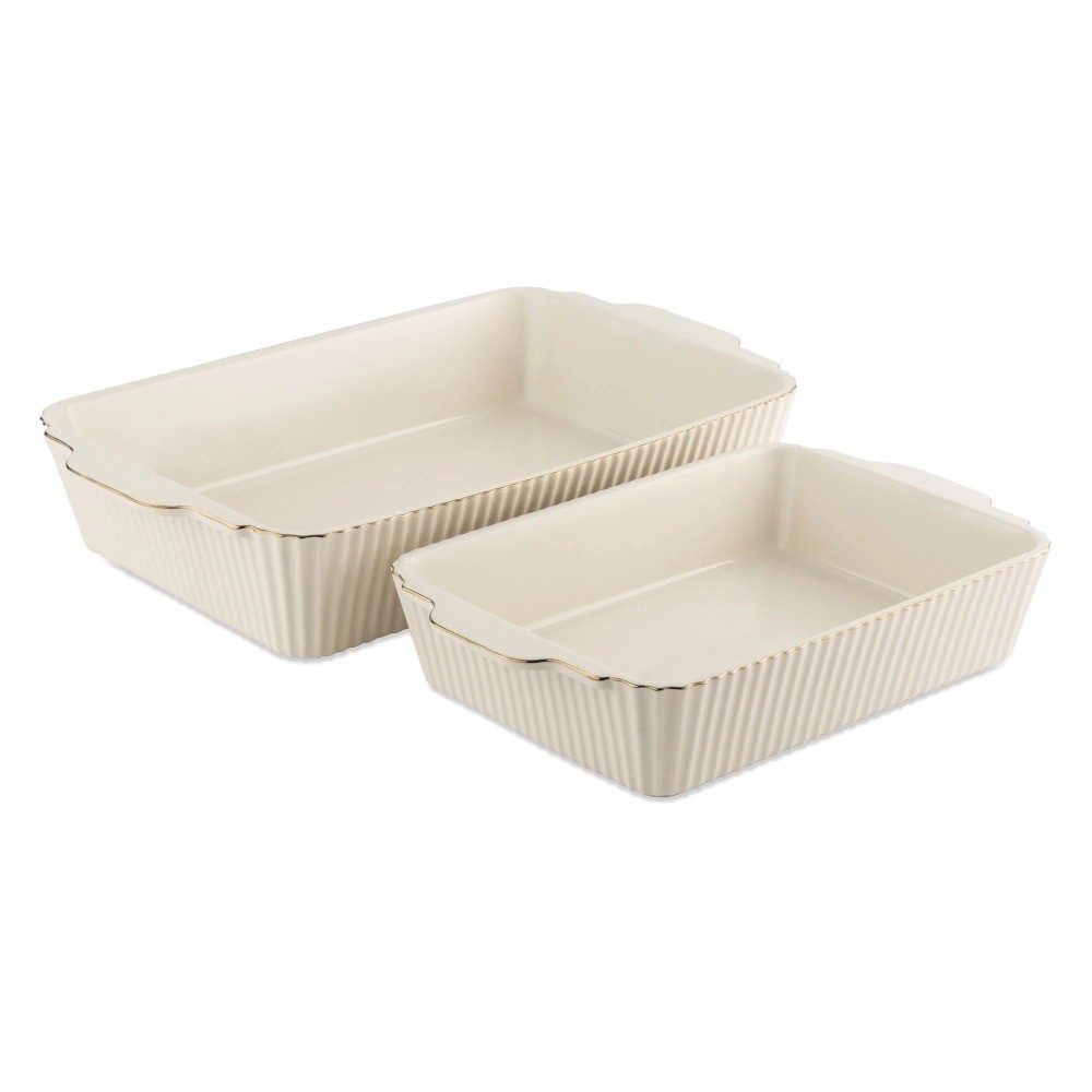 4-Piece Stoneware Casserole Dish Bakeware Set, Includes Lids, White Ribbed