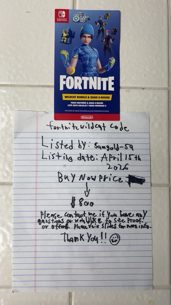 Nintendo Fortnite Wildcat code UNUSED CODE - READ SLIDES BEFORE PURCHASE