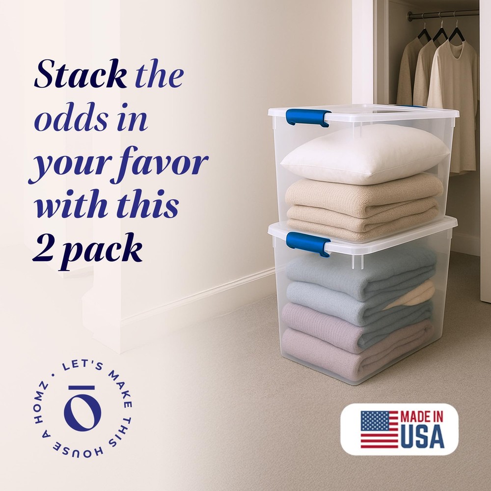 2-Pack Latching Lid, Clear Plastic Storage Organizer Bins, 112 Quart, Blue La...