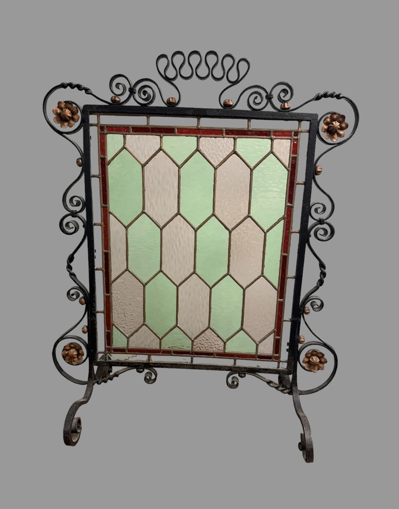 Antique Wrought Iron & Leaded Glass Fire Screen Circa 1900