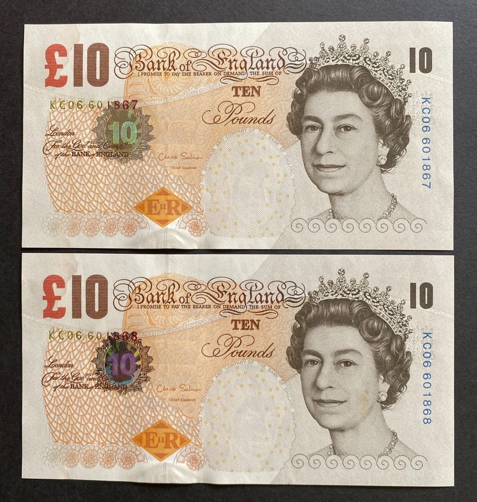 £10 Chris Salmon Consecutive Pair Mint Uncirculated Prefix KC06 Darwin Notes,