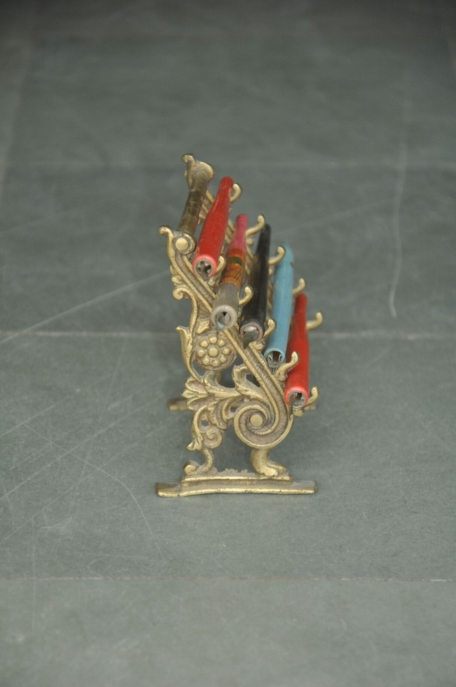 Vintage Brass Cut Work Unique Shape Pen Stand With 5 Holders