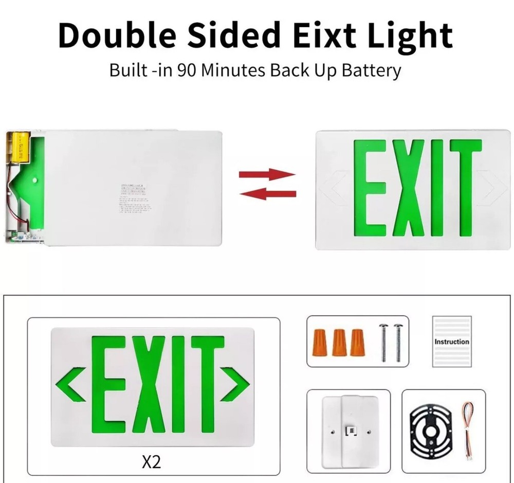 2 Pack Green LED Exit Sign Emergency Light Battery Backup UL924