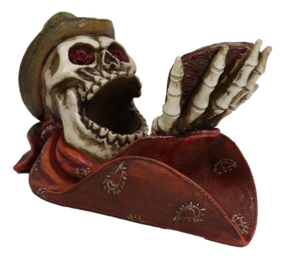 Rustic Western Gritty Budge Cowboy Skull Skeleton with Hat Drinking Wine Holder