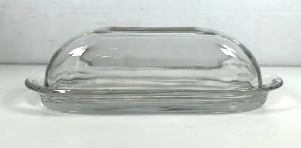 Very Nice Solid Clear Glass Covered BUTTER DISH Simple Smooth See-Through