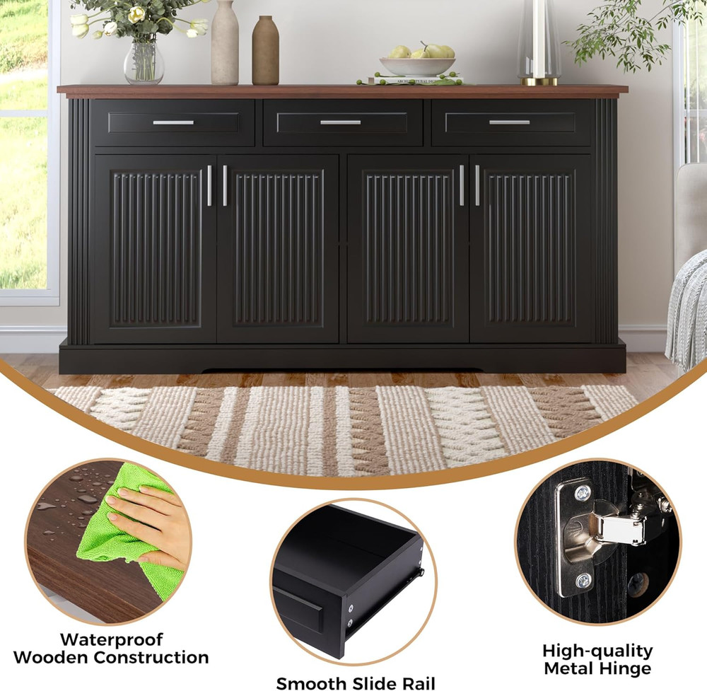 63" Black Fluted Buffet Cabinet with Storage - 4 Doors & 3 Drawers