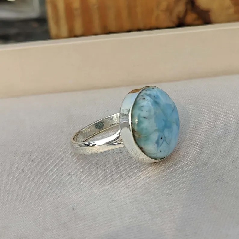 Solid 925 Sterling Silver Natural Round Larimar Gemstone Handmade Women's Ring