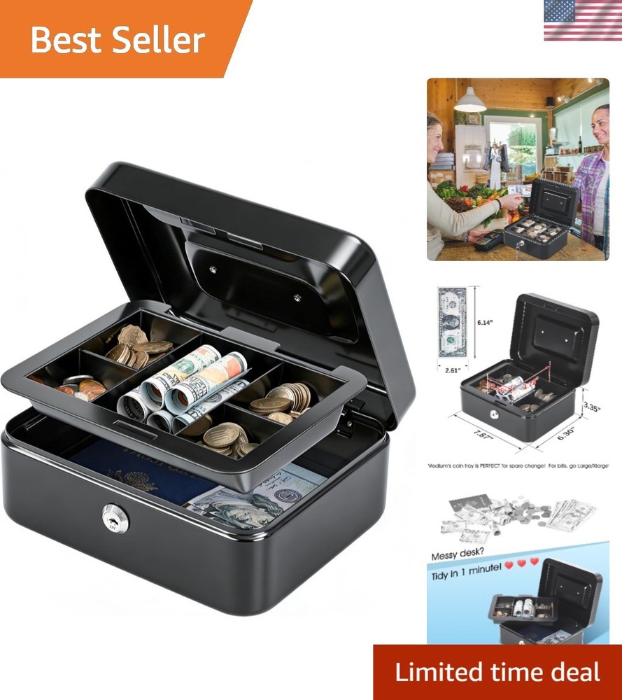 Multi-functional Medium Cash Box: Portable Secure Storage Solution, 7.87”x6.3”