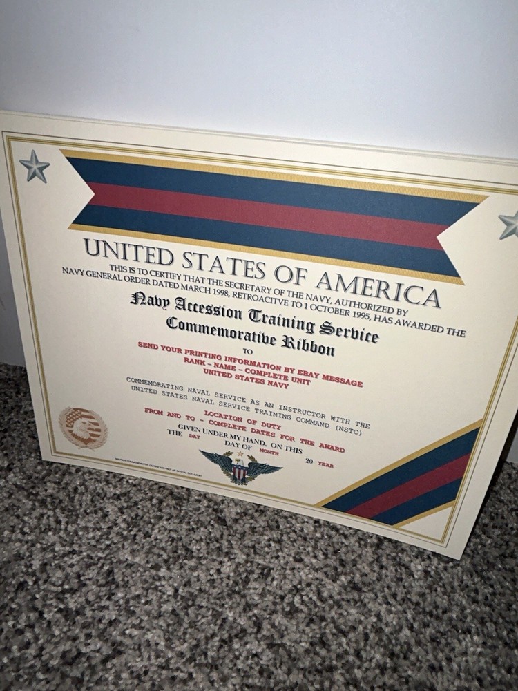 NAVY ACCESSION TRAINING SERVICE COMMEMORATIVE CERTIFICATE ~ W/PRINTING TYPE-1