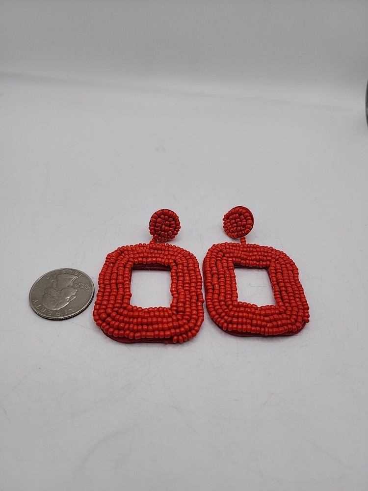 Vintage Pierced Earrings Red Seed Beads Square Shape Unsigned Artisan 2.5"...
