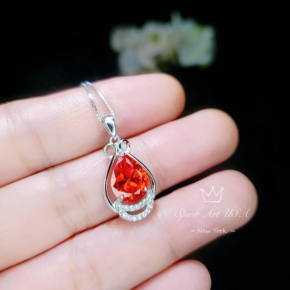 Teardrop Sunstone Necklace - High Quality Sterling Silver 2.5 CT Red Orange