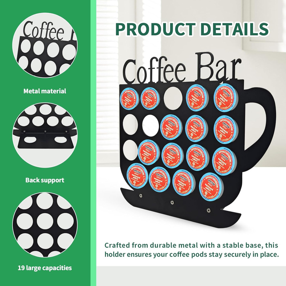 K Cups Holder Coffee Pod Holder Display, Coffee Bar Design Metal Stand, 19 Pods,