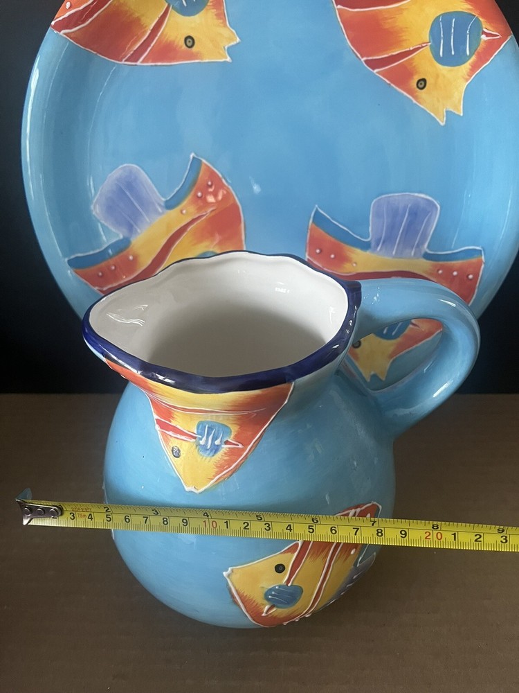 Vintage Baum Bros Hand Painted Fish Design Pitcher & Plate 2 Piece Set .