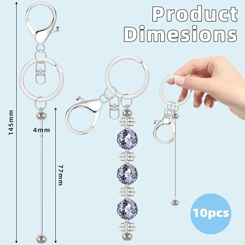 10 Pcs Beadable Keychain Bars, Blanks Bead Keychain Making Kit, Bulk Silver