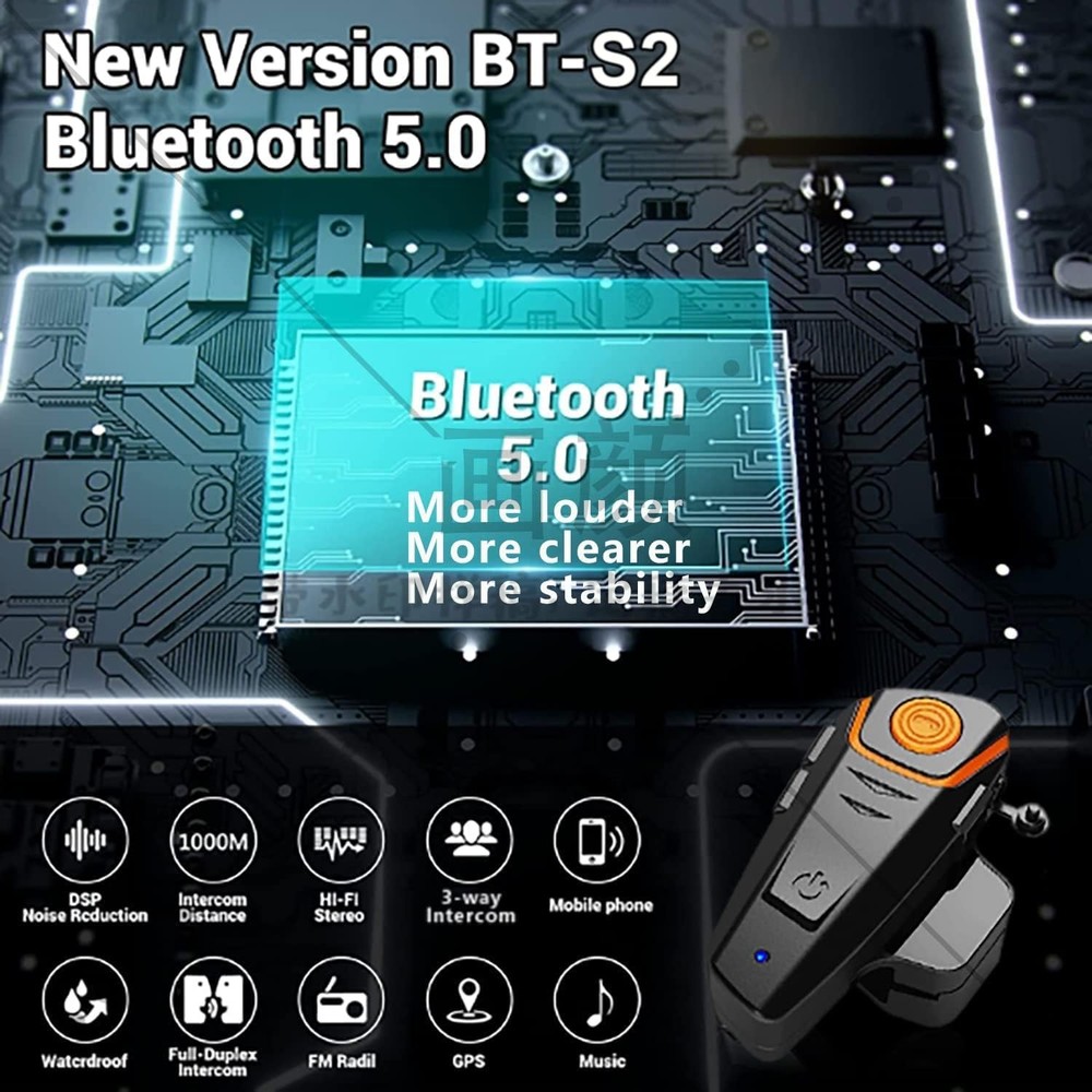 Motorcycle Bluetooth Headset, BT-S2 5.0 Helmet Intercom Black