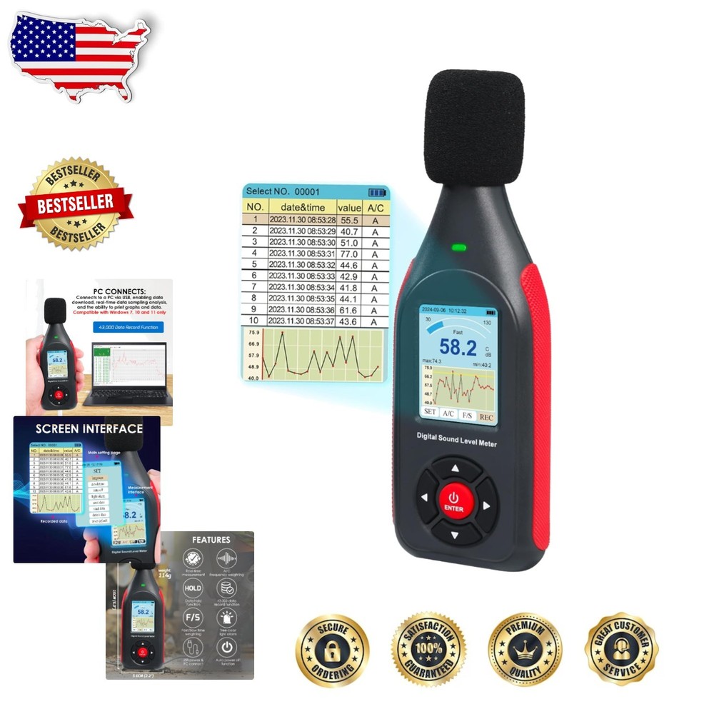 Digital Decibel Meter Data Logger 43K Record USB Excel Export High Accuracy