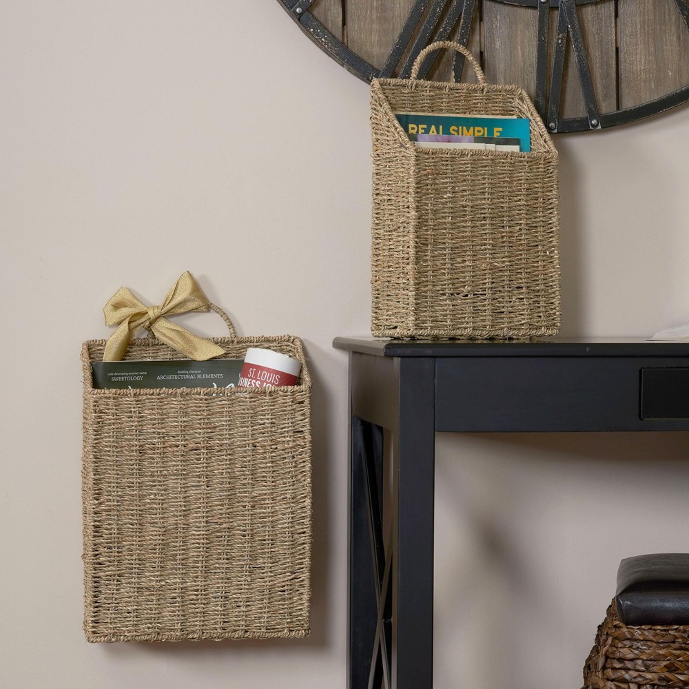 Rectangular Wicker Hanging Baskets, Set of 2, Small and Large, Handwoven Seag...