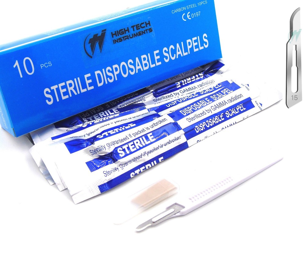 10 Disposable Scalpel #15, Sterile, Plastic Handle Graduated