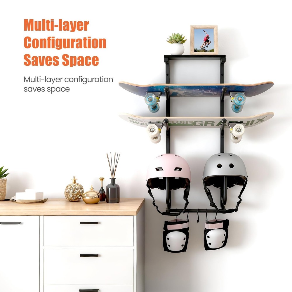 Skateboard Wall Mount Rack - Display Shelf & Hanger for Longboard, Snowboard,...