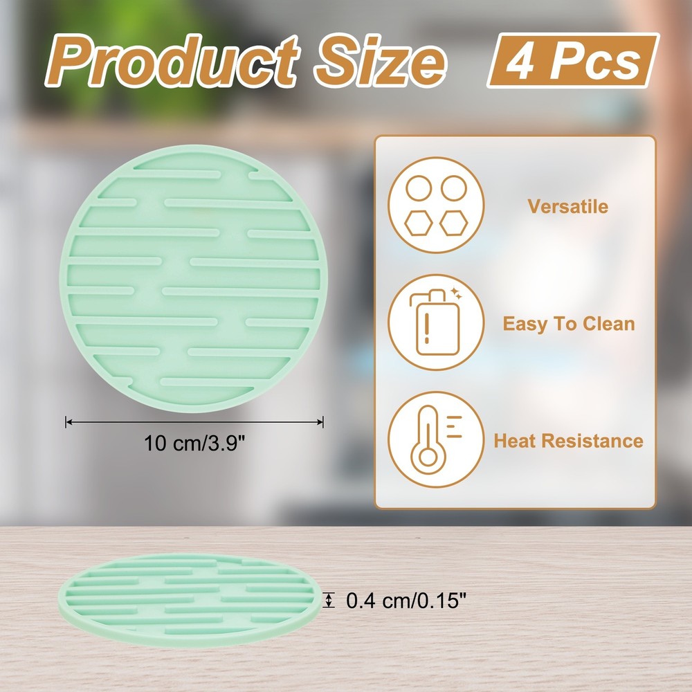 4pcs Silicone Coasters for Drinks, Round Cup Coasters Line Pattern Green