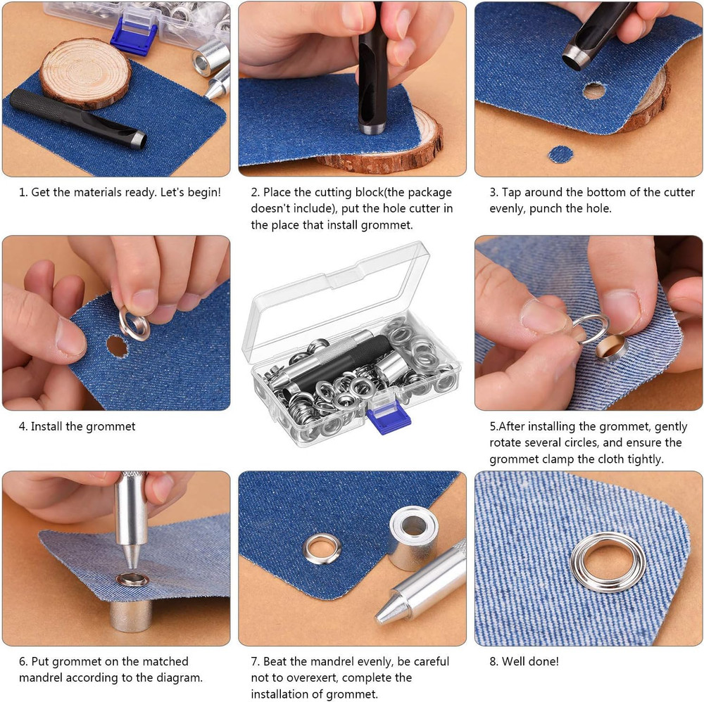 Grommet Tool Kit, Grommet Setting Tool and 100 Sets Eyelets with Storage Box, 1/
