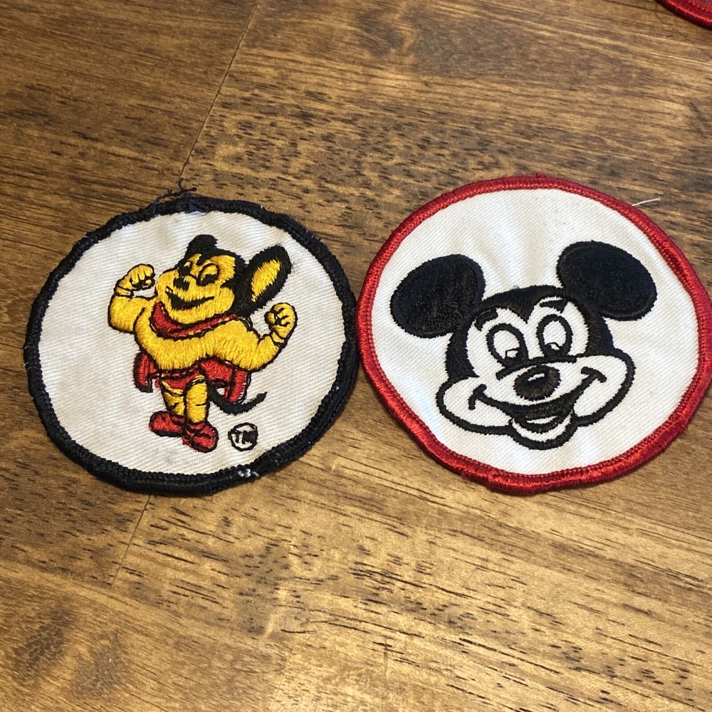 Vintage Disney Mickey Mouse Patch Embroidered Head Face & Mighty Mouse Round Lot