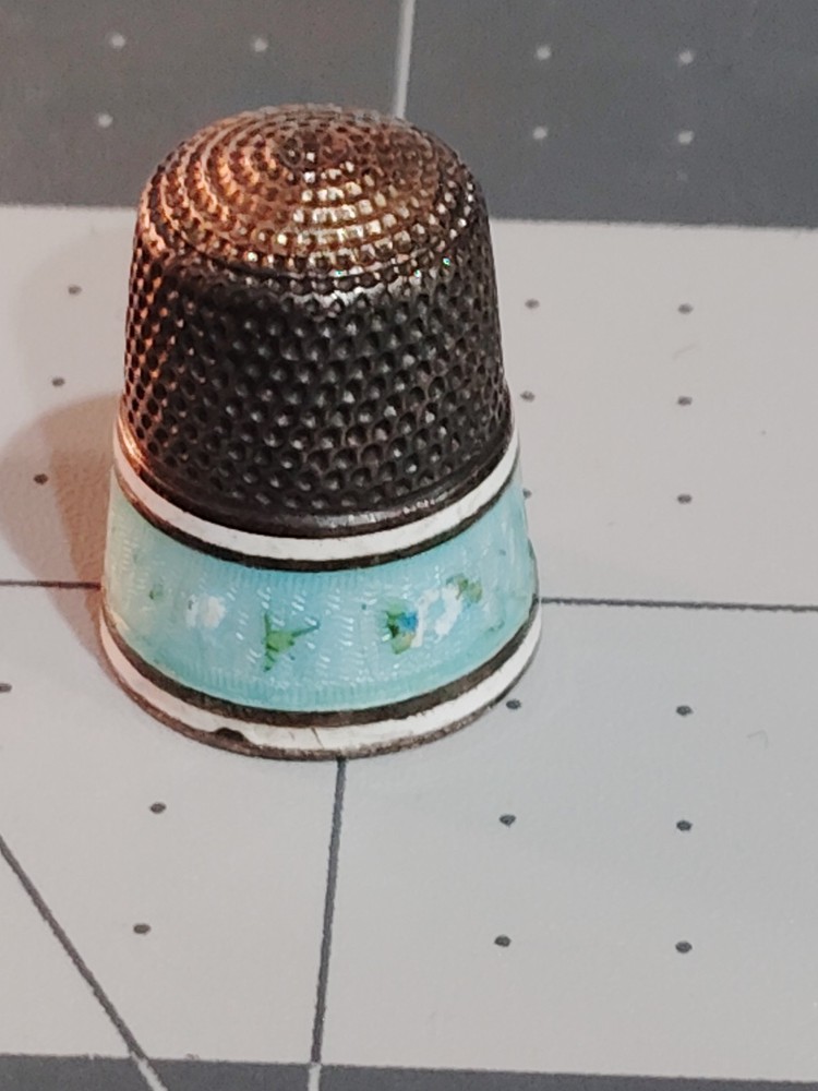 Antique Sterling Silver & Enamel Thimble Color Blue And White
