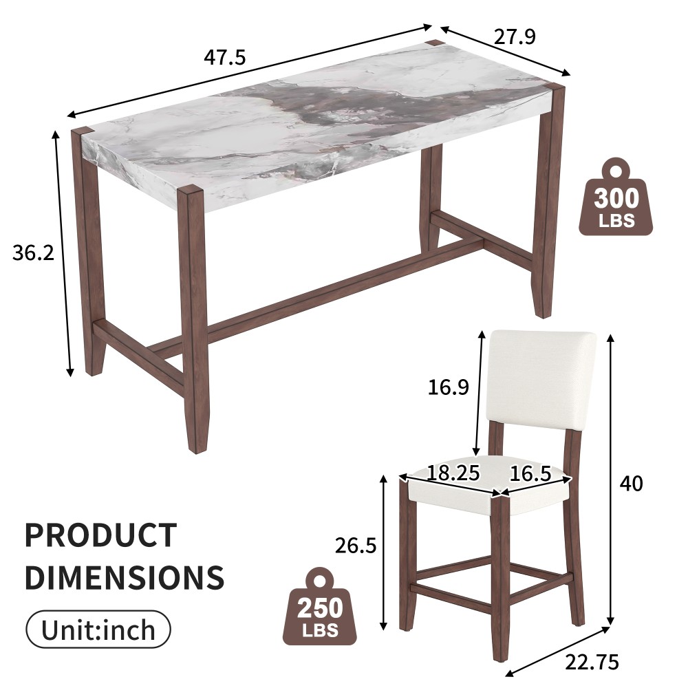 Three-Piece Dining Set Marble-Look Table with 2 Chairs Includes Cushions