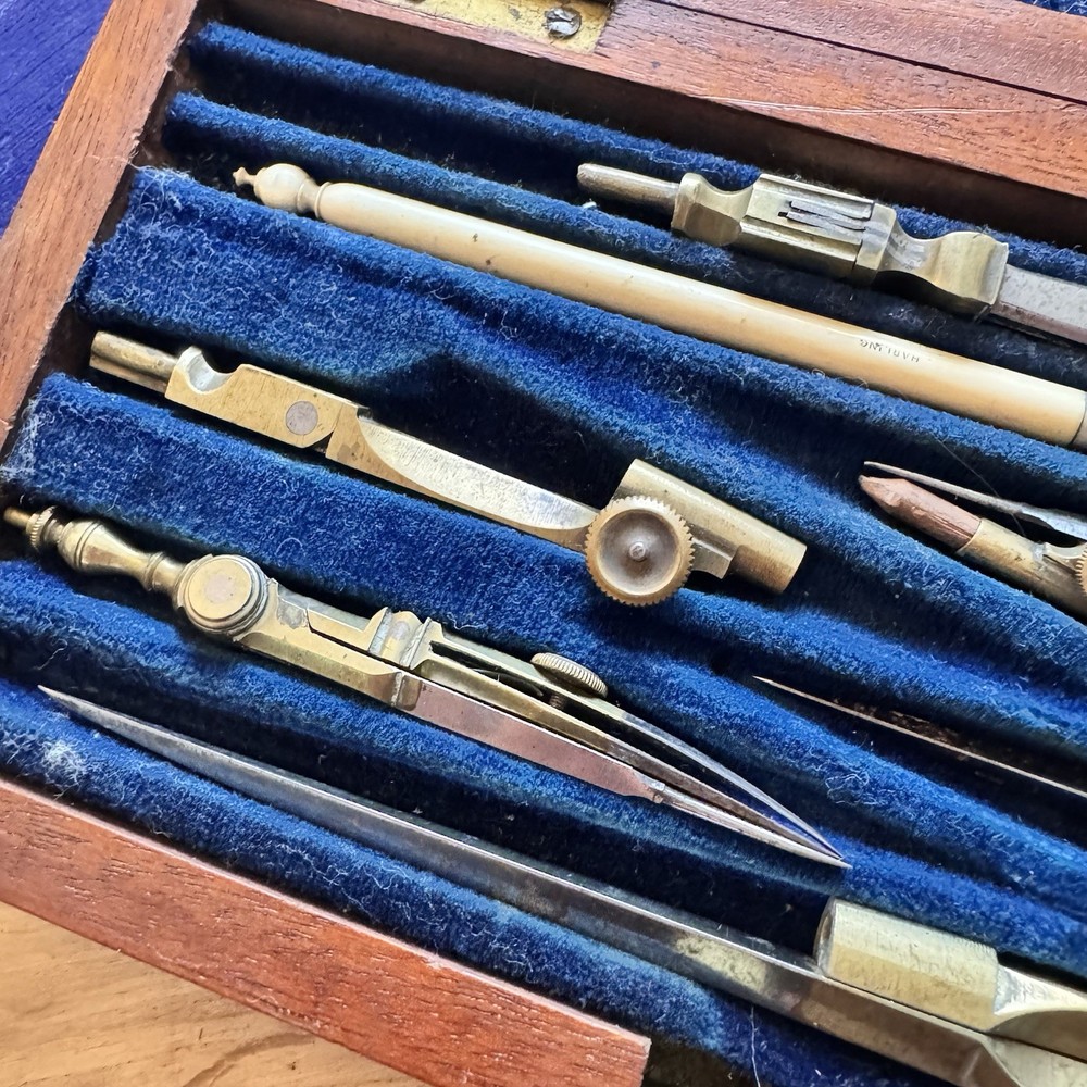 Antique Technical Drawing Set In Wooden Case & Another As Found