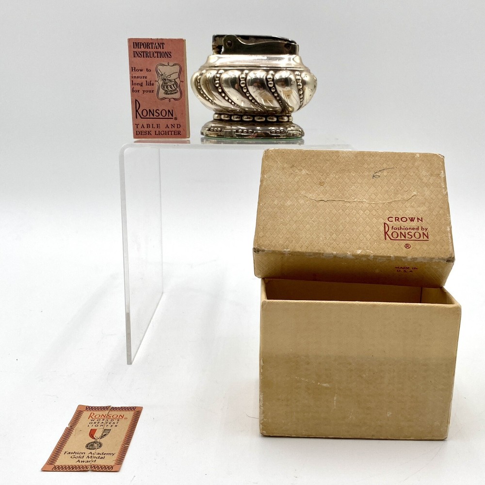 1950s Vintage Ronson “CROWN” Silver-Plated Table Lighter Instructions & Box