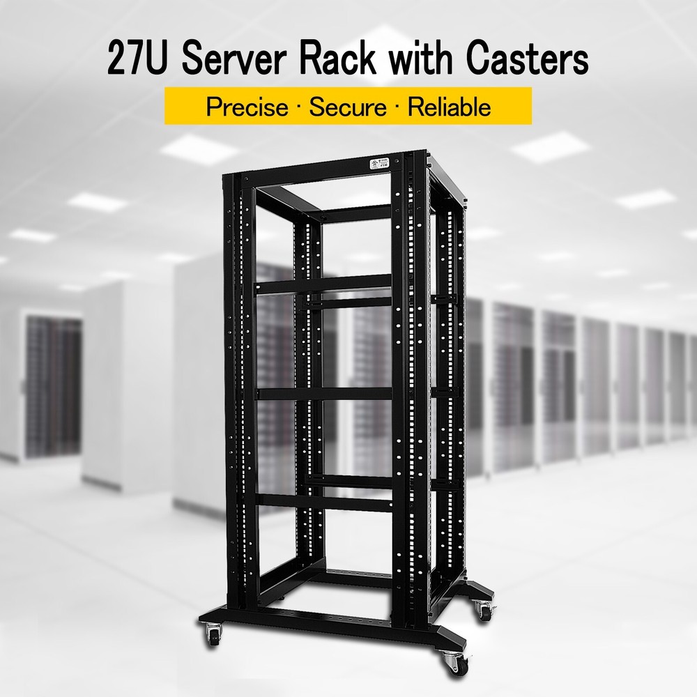 27U 4 Post 19" Open Frame Rack 24" install Deep W/ 3 L-Rails and 1 Rack Shelf