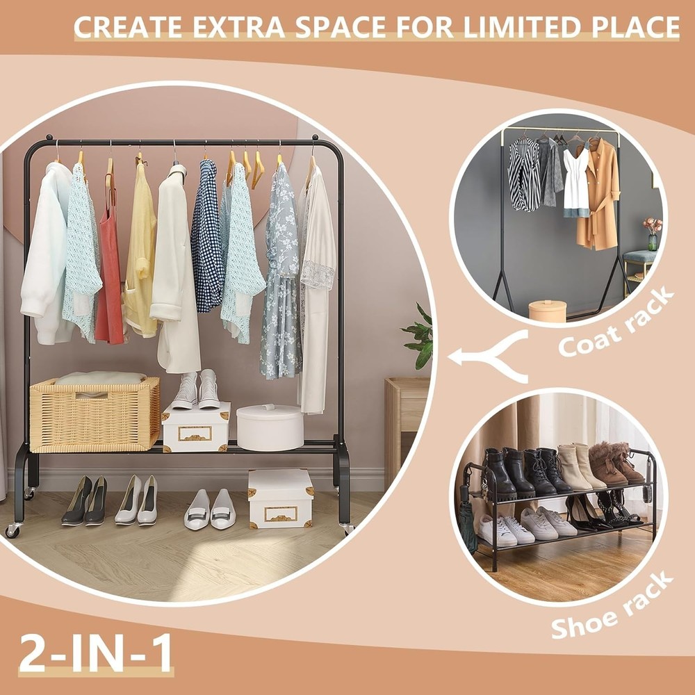 Versatile Black 61” Rolling Clothes Rack with Lockable Wheels and Shelf