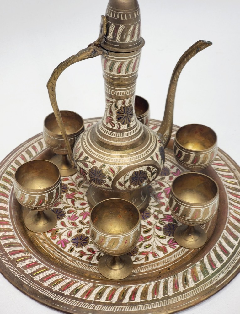 Vintage 6 pc Middle Eastern Turkish style solid brass coffee or tea pitcher cups