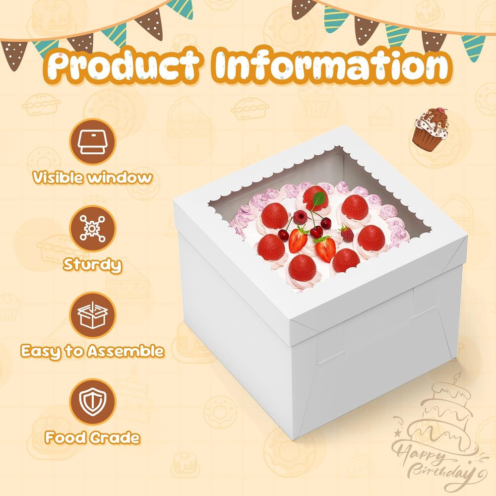 3 Pack Cake Boxes, 10x10x8 Inches Tall Cakes Box with Window, White Cake Boxe...