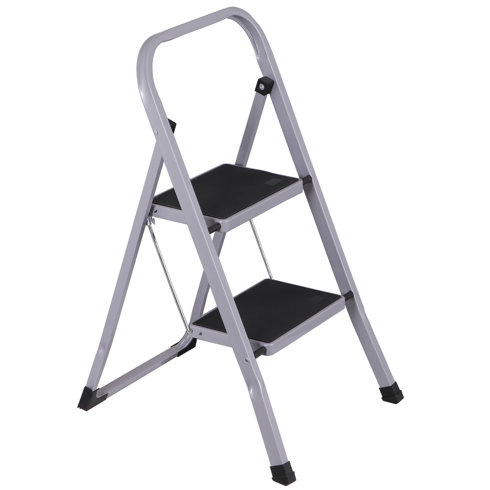 2 Step Ladder Folding Step Stool w/ Soft Grip Handle & Wide Pedal Indoor Gray