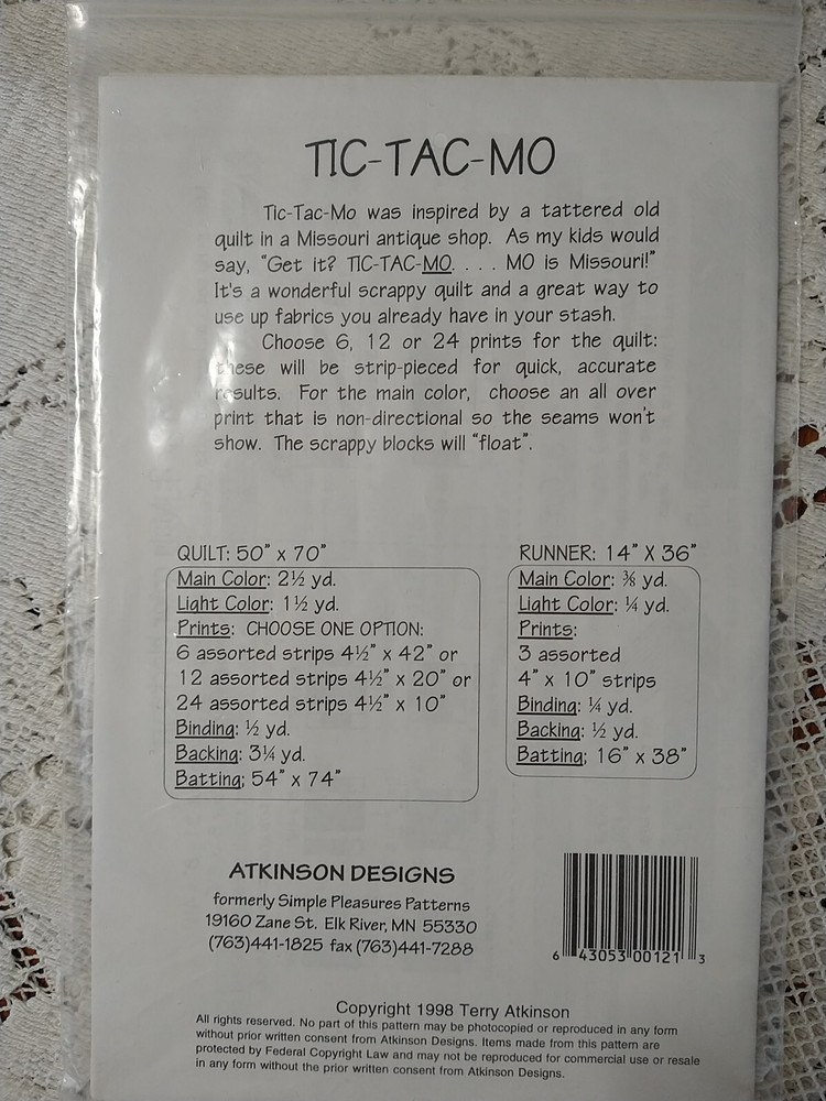 Atkinson Designs Tic-Tac-Mo Quilt & Runner Pieced Pattern Terry Atkinson