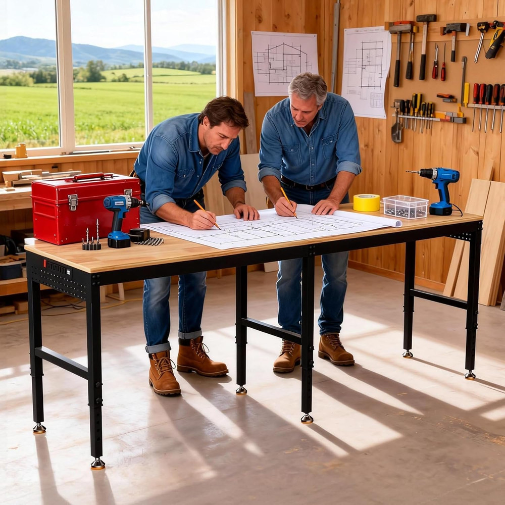 Betterhood 96" Adjustable Workbench, 5000 LBS Heavy Duty Work Table with Power O