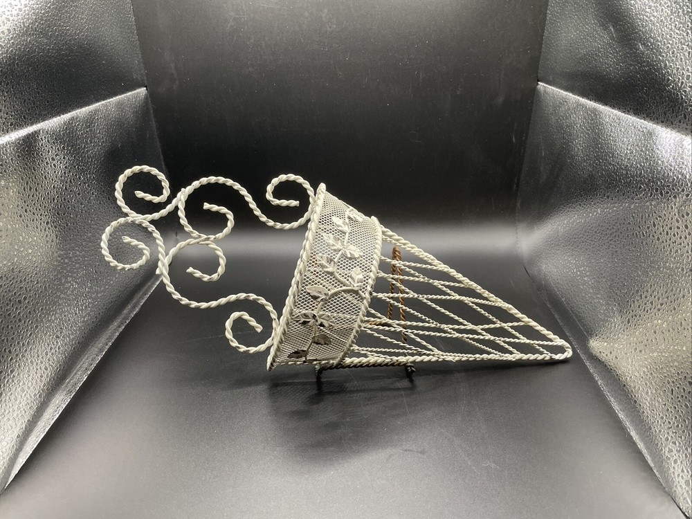 Twisted wire - distressed wall mounted basket, cone shape white 15 x6
