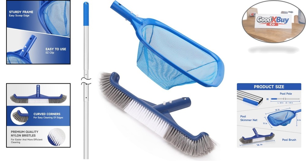 Pool Cleaning Kit with Net & Brush 5ft Adjustable Pole for Inground & Above G...