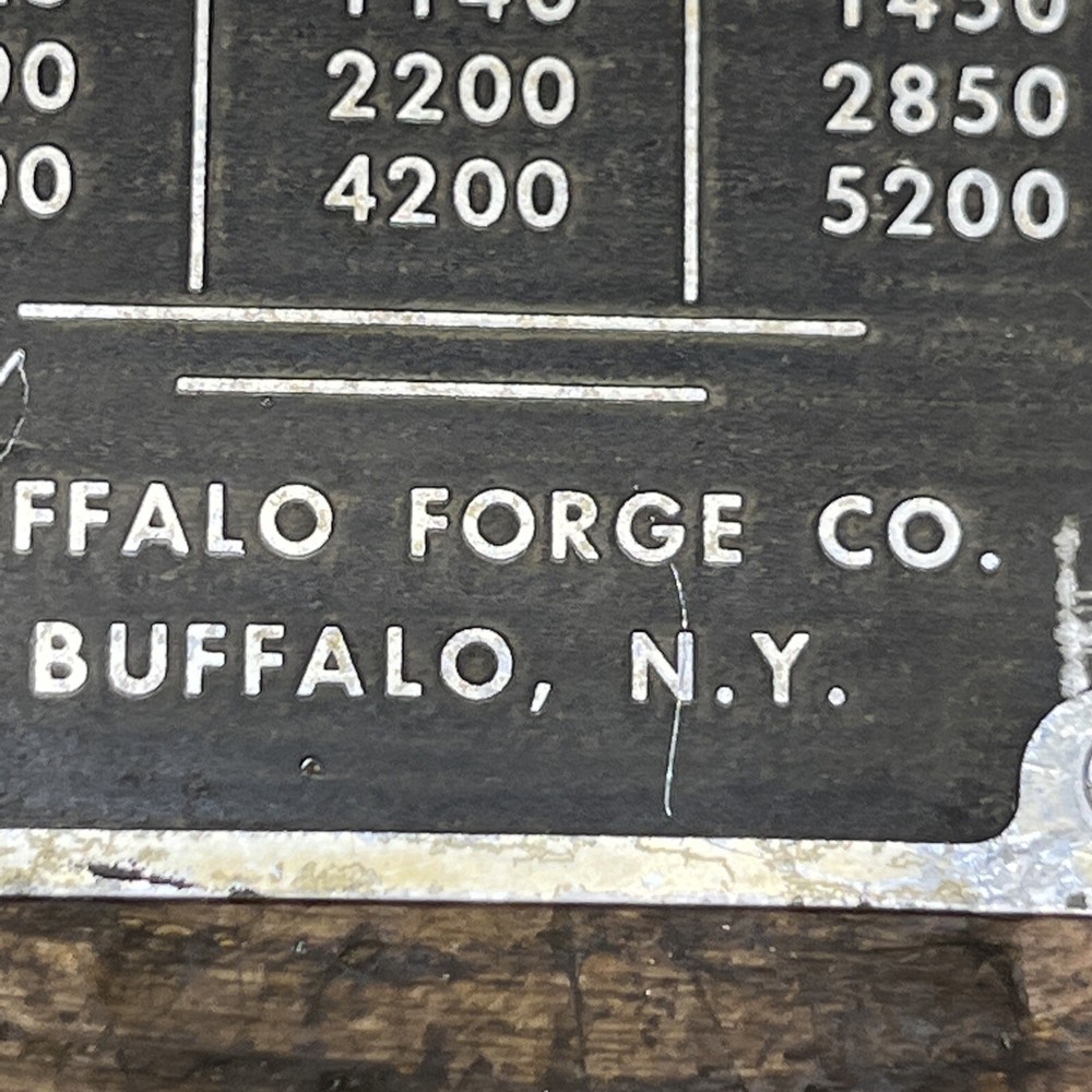 Buffalo Forge 15 Inch Drill Press Badge / Tag / Logo / Spindle Speed Chart