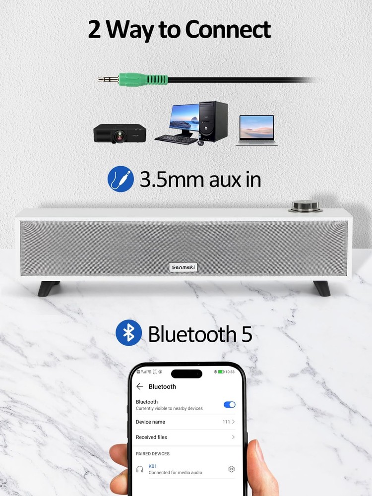 10W Computer Sound Bar Bluetooth 5.0 RCA Input USB Powered PC Speaker K01