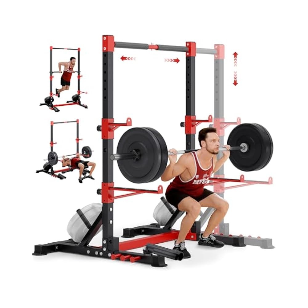 Multi,Functional Power Rack with Dual,Pulley System, Adjustable Pull,Up Bar