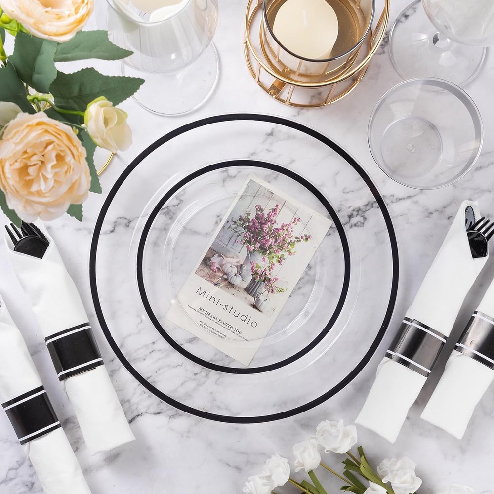350 Piece Black Plastic Dinnerware Set for Party, Clear Disposable Plates